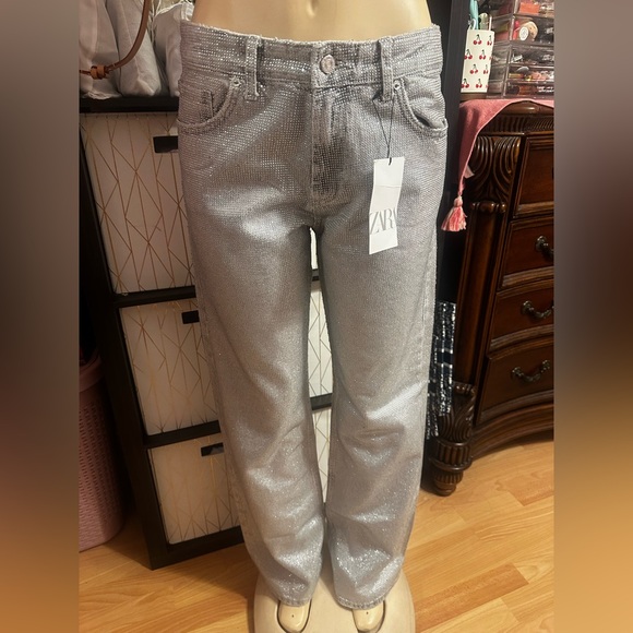 Zara Denim - Zara Silver Sparkle Straight-Leg Jeans